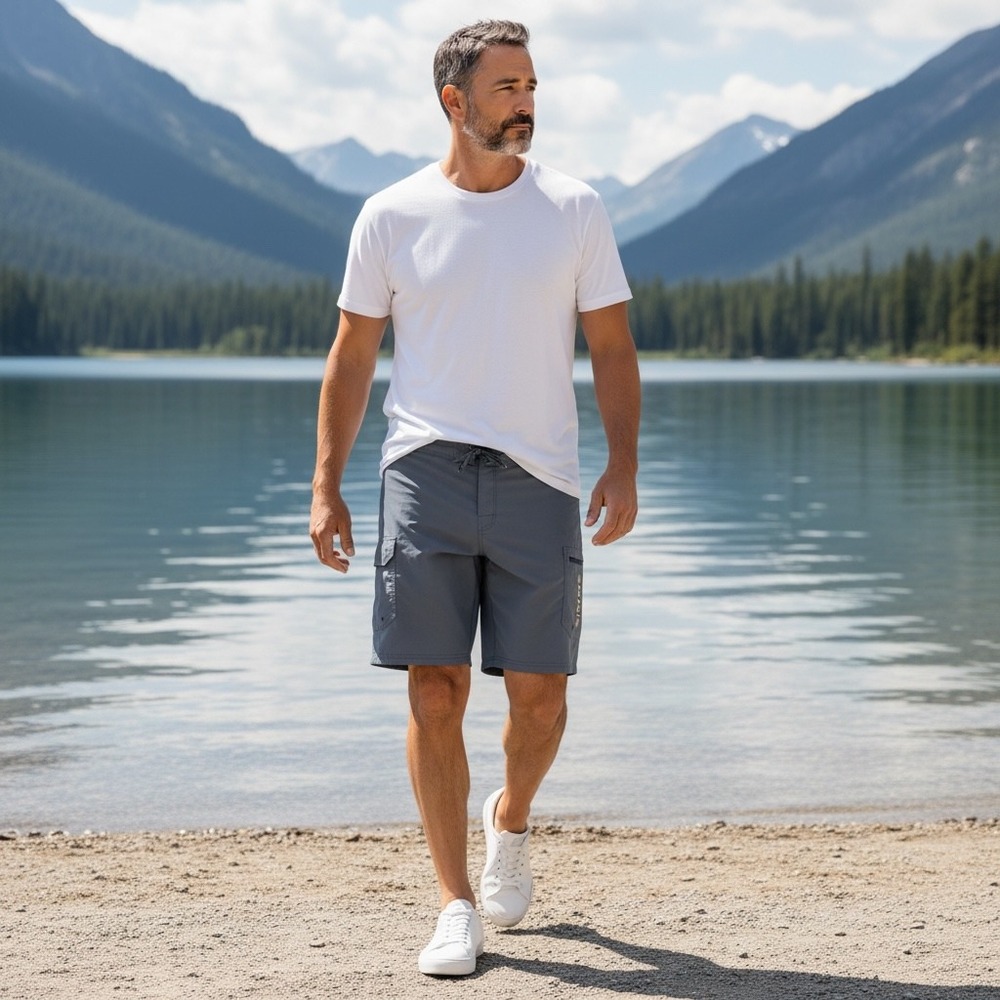 Simms Solarflex Fishing Board Shorts Mens XL Gray Cargo Pockets Quick Dry Logo